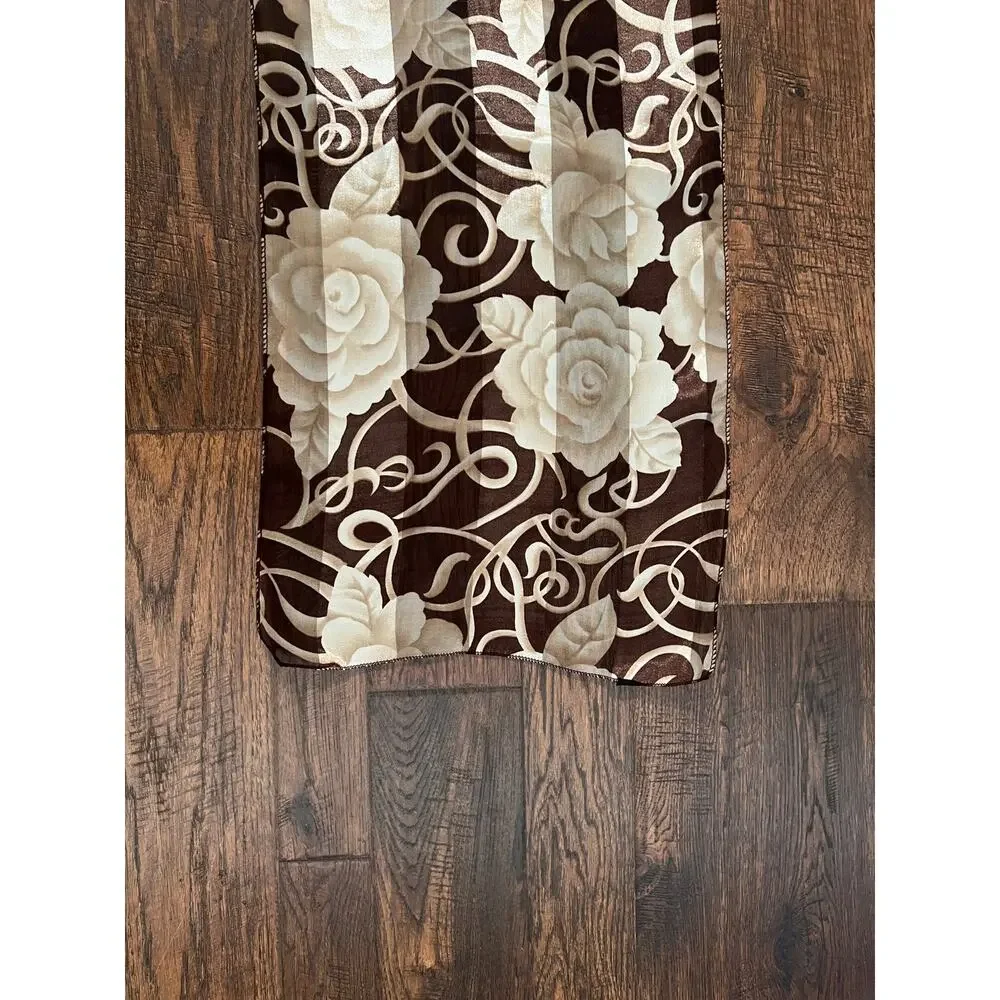 Vintage Accessory - Rectangular Floral Scarf - Brown Ivory Rose Semi Sheer Wrap